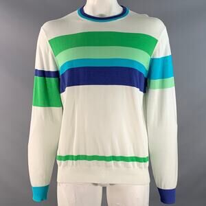 MR TURK Size XL White Blue Green Stripe Cotton Blend Crew Neck Pullover